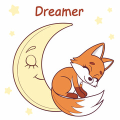Cute fox sleeping on crescent moon dreamy night