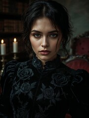 Fototapeta premium Portrait of a woman in a dark dress with roses and candles in the background in a dimly lit room