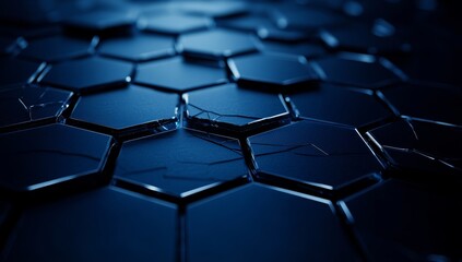 Obraz premium Close-up of broken glass on a dark blue background, with a hexagonal pattern and thin cracks. The lighting creates reflections that highlight the textures of each piece of shattered glass.