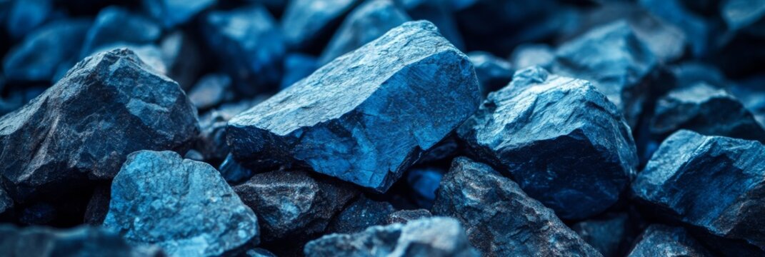 Close-up of blue raw iron ore rocks in the foreground, a sapphire-blue color palette, professional photography.