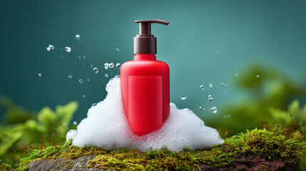 Red soap bottle on moss with foam and water drops. plastic bottle with water drops on nature background. Natural skincare bottle mockup with bubbles in eco setting backdrop