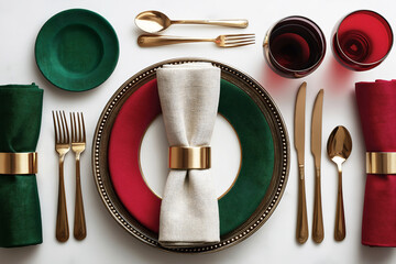 Elegant christmas holiday table setting, red and green layered plates, ornate charger, brass napkin ring, golden flatware, red wine glasses and coordinating fabric napkins on white background.
