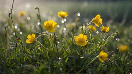 Morning Dew on Yellow Buttercup Flowers in a Lush Meadow