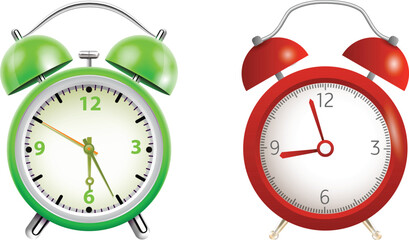 Colorful Alarm Clock Vector Set - Classic Retro Style Clocks with Different Times and Vibrant Designs - alarm clock vector, analog clocks, time management, colorful, vintage, reminder, illustration