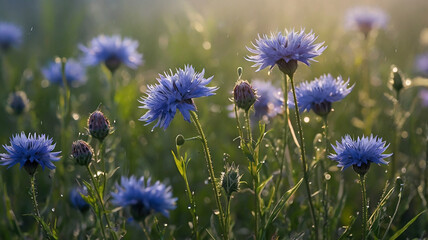 Fototapeta premium Sunlit Meadow of Blue Cornflowers in Morning Dew A Breathtaking Floral Scene