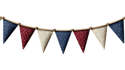 Obraz premium Bunting banner with triangular pennant flags in navy blue burgundy red and beige linen featuring white polka dots connected by twisted rope cord against white or transparent background.