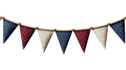 Bunting banner with triangular pennant flags in navy blue burgundy red and beige linen featuring white polka dots connected by twisted rope cord against white or transparent background.