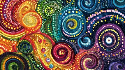 Naklejka premium An Aboriginal dotwork abstract design featuring swirls and dots in vibrant rainbow colors 