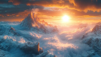 Fototapeta premium Majestic sunset over snow-capped peaks piercing a sea of clouds