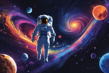 Obraz premium Vibrant Cosmic Swirls with Celestial Bodies and Astronaut Artwork for Educational Exhibits