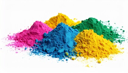 "Colorful powders from Holi festival scattered on the ground, vibrant hues on a white canvas."

