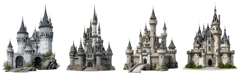 Fototapeta premium Set of a French château with towers and gates, isolated on a transparent background.