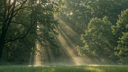 Misty forest landscape with soft morning sunlight, perfect for nature, wellness, or mindfulness concepts.