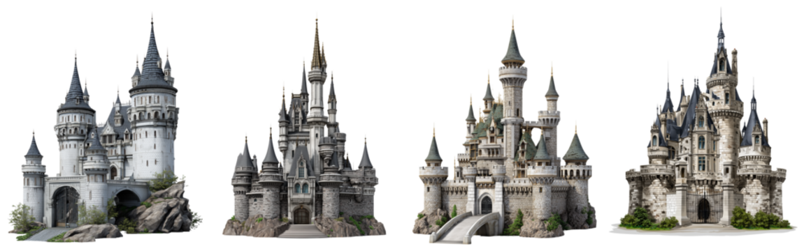 Set of a French château with towers and gates, isolated on a transparent background.