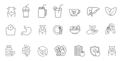 Detox and cleanse related outline icons set on white background flat vector illustration. 