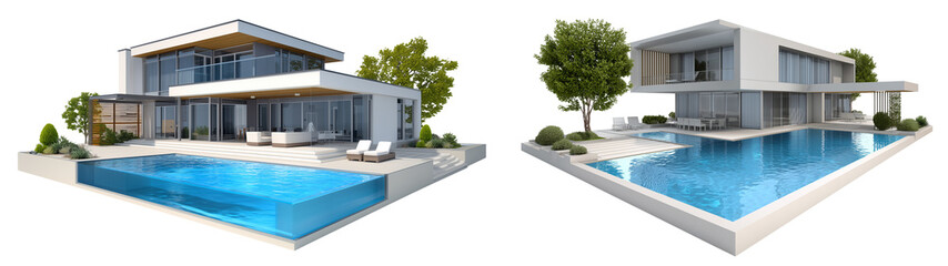 Set of a modern minimalist villa with pool, isolated on a transparent background.
