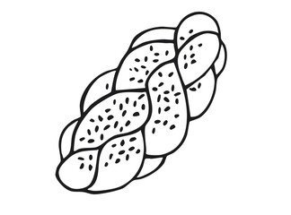 Braided challah bread with sesame seeds. Black and white outline illustration isolated on white background