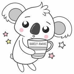 Adorable koala holding coffee mug barely awake design