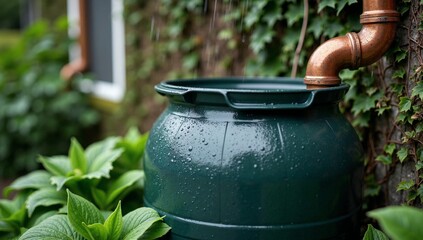 Rainwater harvesting in a green barrel from a downspout for conservation