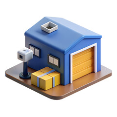 3D Isometric Warehouse Building with Parcel Delivery