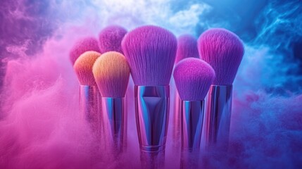 Makeup brushes in vibrant neon colors, surrounded by swirling smoke