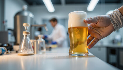 Hand holding a glass of beer in laboratory with scientists working  