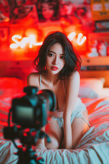 sexy young Asian woman webcam model is broadcasting online and record adult video content on a camera on the bed in bedroom