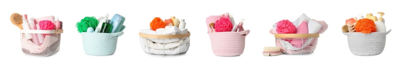 Collage of baskets with different bath supplies on white background