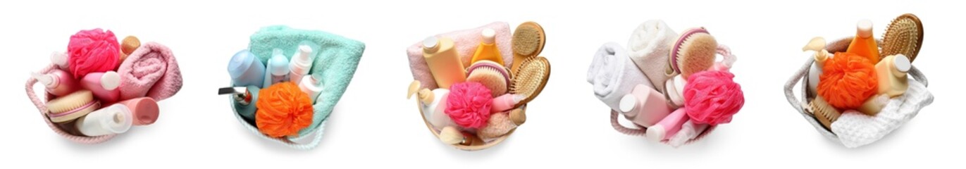 Collage of baskets with different bath supplies on white background, top view