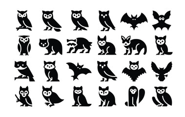 Fototapeta premium Silhouettes of nocturnal creatures showcasing owl, bat, raccoon and canine icons against a white background in vector format.