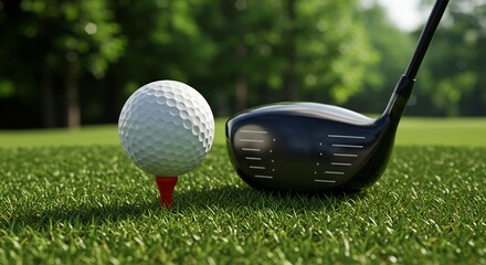 Close-up of a Golf Ball on a Tee and a Driver on a Lush Green Golf Course