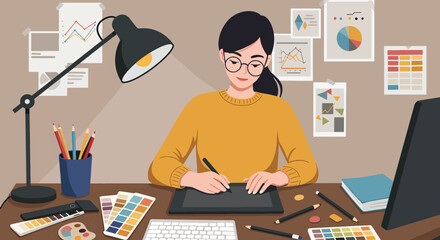 Focused Graphic Designer Working on a Creative Project at Her Desk