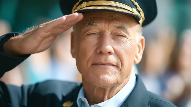 A senior veteran pays tribute with a salute at a bronze war memorial.