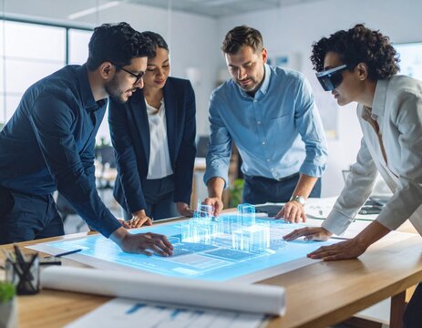 
A creative team discussing AI design with augmented reality tools on table