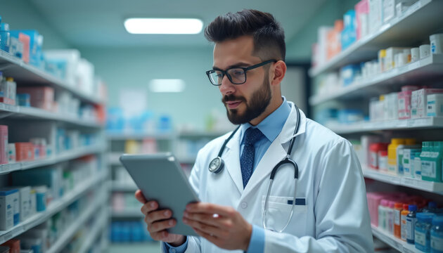 Healthcare pro in pharmacy uses tablet for clinical tasks. Doctor in white coat with stethoscope reviews medical data, consults patients. Pharmacy with medicines on shelves.