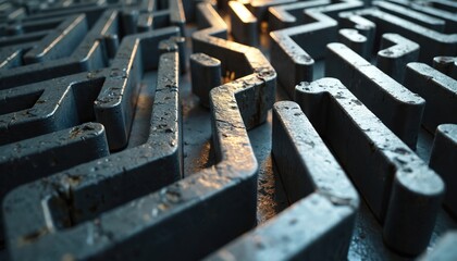 Abstract metallic labyrinth with intricate pathways. Maze symbolizes complex solutions in business. Difficult path to achieve success. Concept of choices, strategy, problem-solving and challenges.