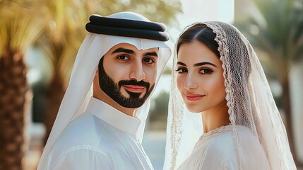 Emirati Man in Traditional Thobe Standing on Beach with Dubai Skyline in Background, Portrait of Culture and Heritage