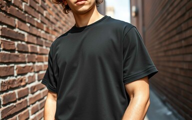 Black T-Shirt Mockup Urban Style, Cropped male upper body with curly hair, shirt sleeves rolled, standing by brick wall, no face shown, high-detail shirt placement for print design