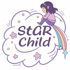 Little girl sitting on cloud rainbow star child