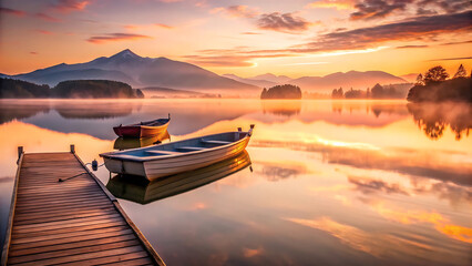 Serene Sunrise over Calm Lake Two Small Rowboats Moored at Wooden Dock Orange and Pink Sky