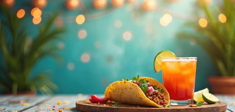 Festive background with taco and margarita cocktail. Mexican food served on wooden board. Delicious taco with meat and fresh cilantro. Orange drink with lime slice at blue wooden table.