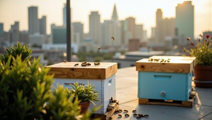Urban Beekeeping on a Rooftop with City Skyline Background at Sunset