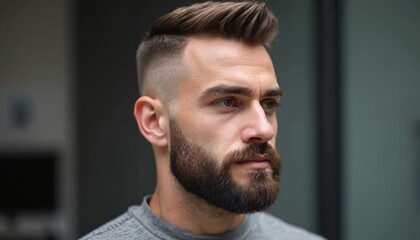 Obraz premium Man features classic taper haircut with beard fade, clean lines. Seamless transition from haircut to facial hair. Modern hairstyle, stylish, polished appearance. Profile portrait, serious expression.