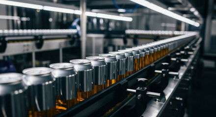 Obraz premium Close-up image of beverage cans lined up on a modern brewery assembly line