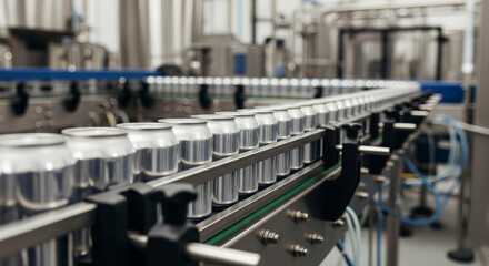 Fototapeta premium Close-up image of beverage cans lined up on a modern brewery assembly line