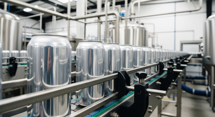 Close-up image of beverage cans lined up on a modern brewery assembly line