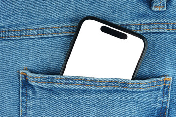 Mockup, template of modern smartphone with blank transparent, white screen with copy space, partially tucked into blue denim jeans pocket. Technology, fashion or lifestyle concepts.
