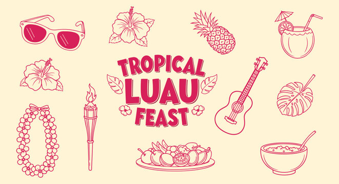 Hand drawn tropical luau icons. Hawaiian feast vibe. Hibiscus, pineapple, ukulele, tiki torch, cocktail, lei. Summer island style illustration. Trendy design for invitation, poster, party branding.