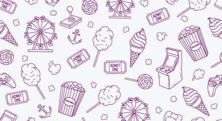 Seamless carnival snack pattern. Amusement park treats. Ferris wheel, cotton candy, popcorn, ice cream, ticket, arcade. Playful purple line art. Fun design for kids fabric, party décor, wrapping.