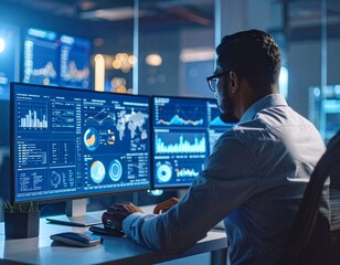 Data scientist reviewing big data with holographic globe and live analytics 
Business meeting with team viewing projected charts on digital whiteboard